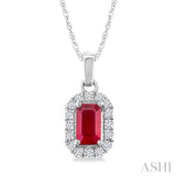 5x3 MM Octagonal Shape Ruby and 1/20 Ctw Round Cut Diamond Halo Precious Pendant with Chain in 10K White Gold