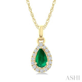 5x3 MM Pear Shape Emerald and 1/20 Ctw Round Cut Diamond Halo Precious Pendant with Chain in 10K Yellow Gold