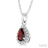 5x3 MM Pear Shape Garnet and 1/20 Ctw Round Cut Diamond Halo Semi-Precious Pendant with Chain in 10K White Gold