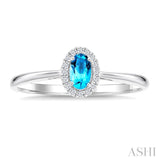 5x3 MM Oval Shape Blue Topaz and 1/20 Ctw Round Cut Diamond Halo Semi-Precious Ring in 14K White Gold