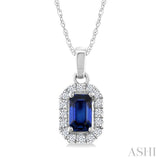 5x3 MM Octagonal Shape Sapphire and 1/20 Ctw Round Cut Diamond Halo Precious Pendant with Chain in 10K White Gold