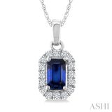 5x3 MM Octagonal Shape Sapphire and 1/20 Ctw Round Cut Diamond Halo Precious Pendant with Chain in 10K White Gold
