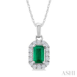 5x3 MM Octagonal Shape Emerald and 1/20 Ctw Round Cut Diamond Halo Precious Pendant with Chain in 10K White Gold