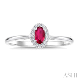 5x3 MM Oval Shape Ruby and 1/20 Ctw Round Cut Diamond Halo Precious Ring in 10K White Gold