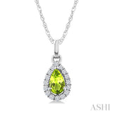 5x3 MM Pear Shape Peridot and 1/20 Ctw Round Cut Diamond Halo Semi-Precious Pendant with Chain in 10K White Gold