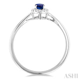 5x3 MM Oval Shape Sapphire and 1/20 Ctw Round Cut Diamond Halo Precious Ring in 14K White Gold
