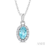 5x3 MM Oval Shape Aquamarine and 1/20 Ctw Round Cut Diamond Halo Semi-Precious Pendant with Chain in 14K White Gold
