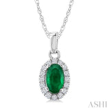 5x3 MM Oval Shape Emerald and 1/20 Ctw Round Cut Diamond Halo Precious Pendant with Chain in 14K White Gold