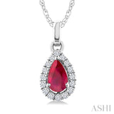 5x3 MM Pear Shape Ruby and 1/20 Ctw Round Cut Diamond Halo Precious Pendant with Chain in 10K White Gold