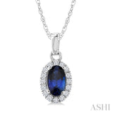5x3 MM Oval Shape Sapphire and 1/20 Ctw Round Cut Diamond Halo Precious Pendant with Chain in 10K White Gold