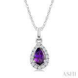 5x3 MM Pear Shape Amethyst and 1/20 Ctw Round Cut Diamond Halo Semi-Precious Pendant with Chain in 10K White Gold