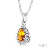 5x3 MM Pear Shape Citrine and 1/20 Ctw Round Cut Diamond Halo Semi-Precious Pendant with Chain in 10K White Gold