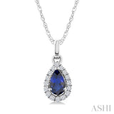 5x3 MM Pear Shape Sapphire and 1/20 Ctw Round Cut Diamond Halo Precious Pendant with Chain in 10K White Gold