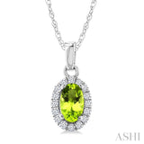 5x3 MM Oval Shape Peridot and 1/20 Ctw Round Cut Diamond Halo Semi-Precious Pendant with Chain in 14K White Gold
