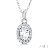 5x3 MM Oval Shape White Topaz and 1/20 Ctw Round Cut Diamond Halo Semi-Precious Pendant with Chain in 14K White Gold