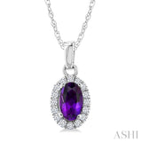 5x3 MM Oval Shape Amethyst and 1/20 Ctw Round Cut Diamond Halo Semi-Precious Pendant with Chain in 14K White Gold