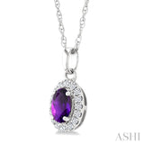 5x3 MM Oval Shape Amethyst and 1/20 Ctw Round Cut Diamond Halo Semi-Precious Pendant with Chain in 14K White Gold