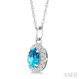 5x3 MM Oval Shape Blue Topaz and 1/20 Ctw Round Cut Diamond Halo Semi-Precious Pendant with Chain in 14K White Gold