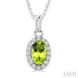 5x3 MM Oval Shape Peridot and 1/20 Ctw Round Cut Diamond Halo Semi-Precious Pendant with Chain in 10K White Gold