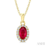 5x3 MM Oval Shape Ruby and 1/20 Ctw Round Cut Diamond Halo Precious Pendant with Chain in 14K Yellow Gold
