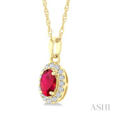 5x3 MM Oval Shape Ruby and 1/20 Ctw Round Cut Diamond Halo Precious Pendant with Chain in 14K Yellow Gold