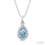 5x3 MM Pear Shape Aquamarine and 1/20 Ctw Round Cut Diamond Halo Semi-Precious Pendant with Chain in 10K White Gold