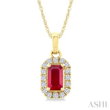 5x3 MM Octagonal Shape Ruby and 1/20 Ctw Round Cut Diamond Halo Precious Pendant with Chain in 10K Yellow Gold