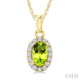 5x3 MM Oval Shape Peridot and 1/20 Ctw Round Cut Diamond Halo Semi-Precious Pendant with Chain in 10K Yellow Gold
