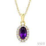 5x3 MM Oval Shape Amethyst and 1/20 Ctw Round Cut Diamond Halo Semi-Precious Pendant with Chain in 10K Yellow Gold