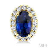 5x3 MM Oval Shape Sapphire and 1/8 Ctw Round Cut Diamond Halo Precious Stud Earrings in 10K Yellow Gold