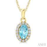 5x3 MM Oval Shape Aquamarine and 1/20 Ctw Round Cut Diamond Halo Semi-Precious Pendant with Chain in 10K Yellow Gold
