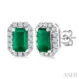 5x3 MM Octagonal Shape Emerald and 1/8 Ctw Round Cut Diamond Halo Precious Stud Earrings in 14K White Gold