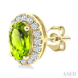 5x3 MM Oval Shape Peridot and 1/8 Ctw Round Cut Diamond Halo Semi-Precious Stud Earrings in 10K Yellow Gold