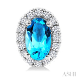 5x3 MM Oval Shape Blue Topaz and 1/8 Ctw Round Cut Diamond Halo Semi-Precious Stud Earrings in 10K White Gold