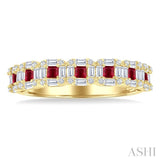 2 MM Princess Cut Ruby and 1/2 Ctw Baguette & Round Cut Diamond Precious Ring in 14K Yellow Gold