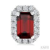 5x3 MM Octagonal Shape Garnet and 1/8 Ctw Round Cut Diamond Halo Semi-Precious Stud Earrings in 10K White Gold