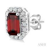 5x3 MM Octagonal Shape Garnet and 1/8 Ctw Round Cut Diamond Halo Semi-Precious Stud Earrings in 10K White Gold