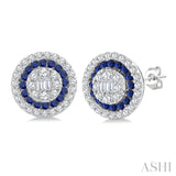1/3 Ctw Circular Shape 1.00MM Round Cut Sapphire, Baguette and Round Cut Diamond Fusion Precious Stud Earrings in 14K White Gold