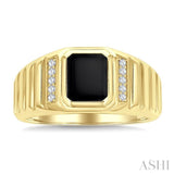 1/10 Ctw 8X7 MM Emerald Cut Onyx and Round Cut Diamond Semi-Precious Men's Ladder Groove Shank Ring in 10K Yellow Gold