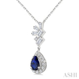 6X4MM Pear Cut  Sapphire, Round and 1/4 Ctw  Baguette Cut Scatter Diamond Precious Fashion Pendant With Chain in 10K White Gold