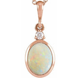 14K Rose Gold 9x7 mm Natural White Opal & .03 CT Natural Diamond Cabochon Pendant