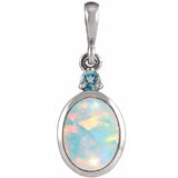 14K White Gold 6x4 mm Lab-Grown White Opal & Natural London Blue Topaz Pendant