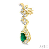 5x3 MM Pear Shape Emerald, 1/3 Ctw Baguette and Round Cut Diamond Halo Precious Earrings in 10K Yellow Gold