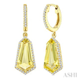14X7 MM Evoque Gemstones Shield Shape Lemon Quartz and 3/8 Ctw Round Cut Diamond Semi-Precious Earrings in 14K Yellow Gold