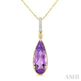 16X6 MM Evoque Gemstones Pear Shape Amethyst and 1/20 Ctw Round Cut Diamond Semi-Precious Pendant With Chain in 10K Yellow Gold