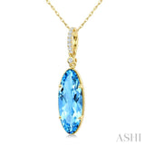 16X6 MM Evoque Gemstones Oval Shape Blue Topaz and 1/20 Ctw Round Cut Diamond Semi-Precious Pendant With Chain in 10K Yellow Gold