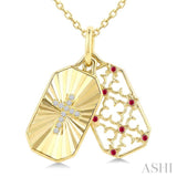 1 MM Round Ruby and 1/50 Ctw Fluted Texture & Cross Round Cut Diamond  Precious Pendant With Chain in 10K Yellow Gold
