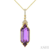 22X8 MM Evoque Gemstones Hexagon Shape Amethyst and 1/10 Ctw Round Cut Diamond Semi-Precious Pendant With Chain in 14K Yellow Gold