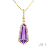 16X7 MM Evoque Gemstones Shield Shape Amethyst and 1/5 Ctw Round Cut Diamond Semi-Precious Pendant With Chain in 10K Yellow Gold