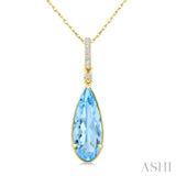16X6 MM Evoque Gemstones Pear Shape Blue Topaz and 1/20 Ctw Round Cut Diamond Semi-Precious Pendant With Chain in 10K Yellow Gold